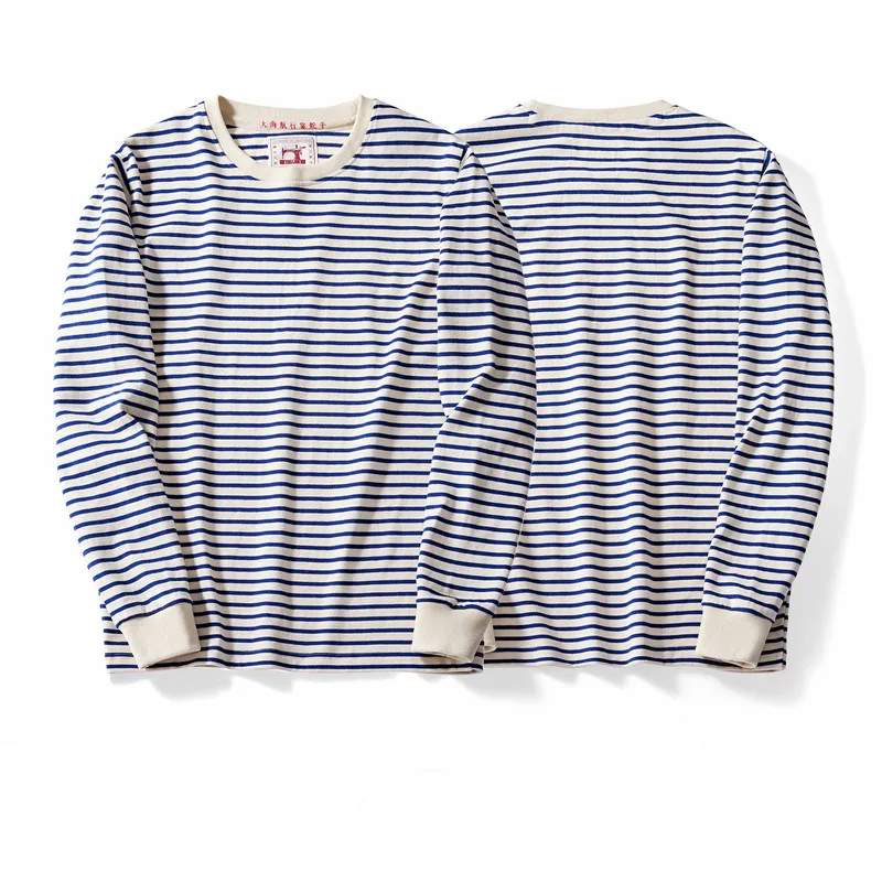 Blue White Sea Soul Shirt T-shirt Heavy Cotton Striped Sports Jersey Men's Round Neck Long-sleeved Outdoor Fitness Running Train