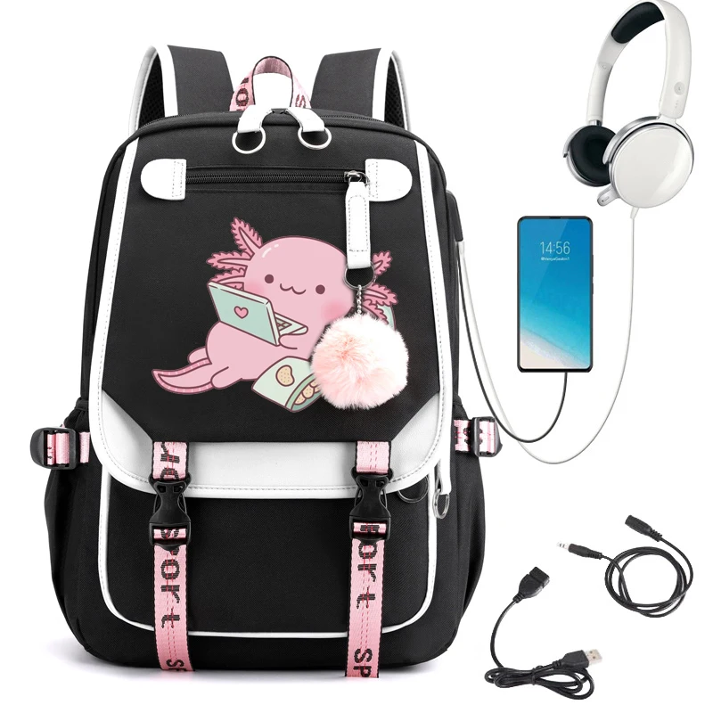 

Teenage Bookbag Nylon Rucksack Cute Chilling Axolotl Fashion Girl Bagpack Women Shoulder Bag High School Schoolbag Black Mochila