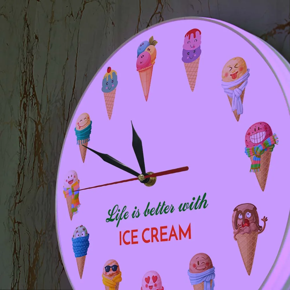 Life is better with ICE CREAM Cartoon Ice Cream Printed Dessert Wall Clock Kid Room Nursery Wall Art Kitchen Clock Wall Watch 4