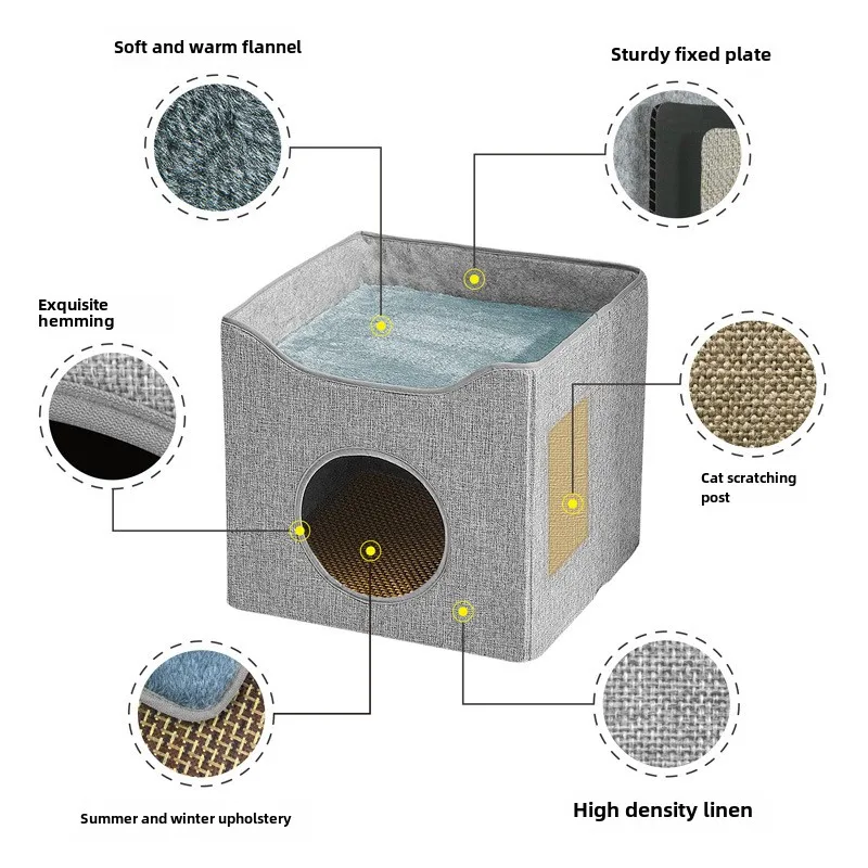 Foldable Double-deck Cat Condo Cube Indoor Cool Scratch Resistant Hiding Playing Cave with Scratch Pad for Cats