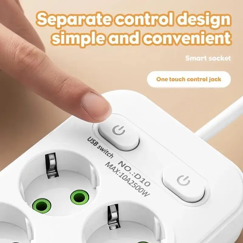 EU Plug AC Outlet Multitap Power Strip power strip 2m Extension Cord Electrical Socket Smart USB Home Office Surge Protector Network Filter