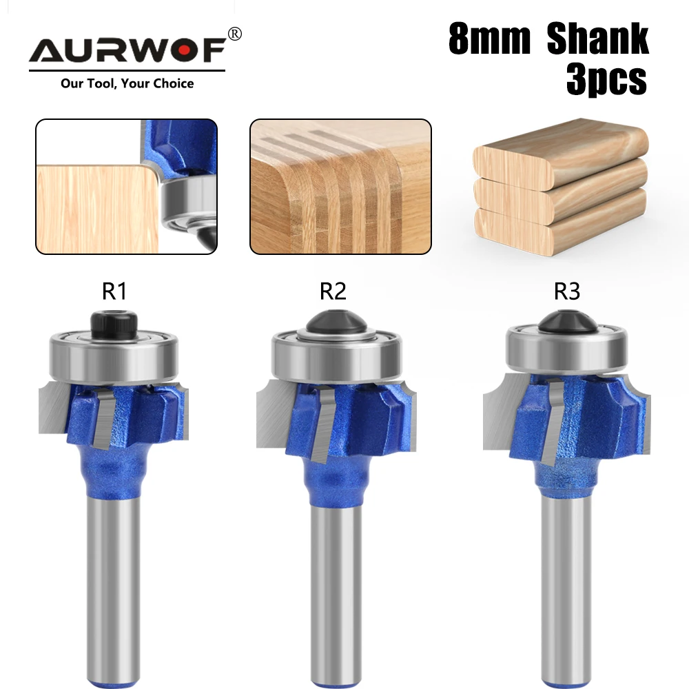 AURWOF 3pcs 8mm Shank high quality 4 flutes Router Bit set woodworking