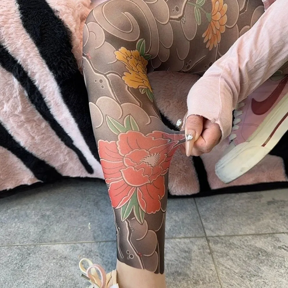 Frauen Sexy Gedruckt Strumpfhosen Gefälschte Tattoo Pfingstrose Strumpfhosen Weibliche Perspektive Mesh Leggings Hohe Strumpfhosen Weibliche Strümpfe – Detail 11
