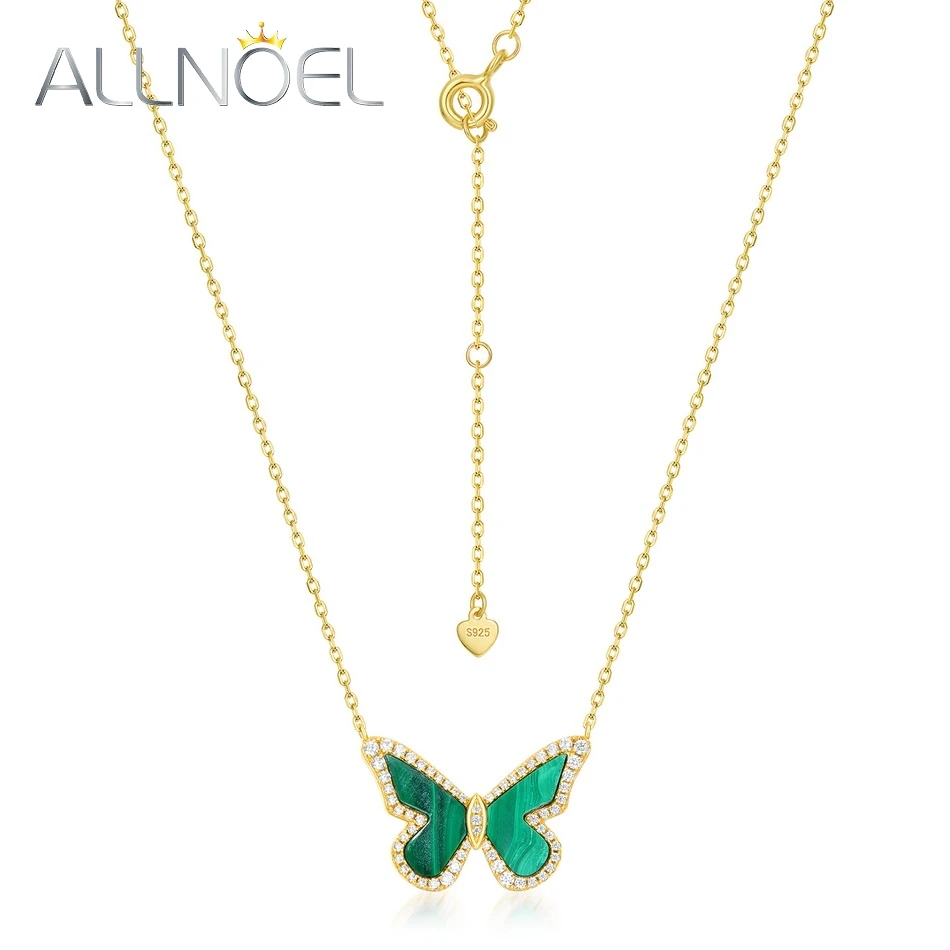 

ALLNOEL Natural Green Malachite 925 Sterling Silver Necklace For Women Bow Knot Butterfly Elegant Anniversary Gift Fine Jewelry