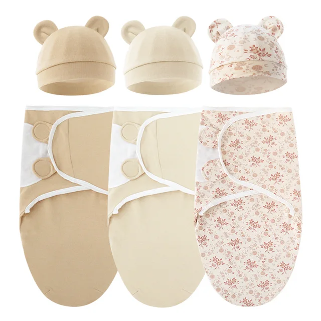 2pcs 100% Cotton Soft Adjustable Baby Swaddle Blanket Wrap Set with Hat for Newborn Infant 0-6 Months Sleeping Blanket Baby Gift 4