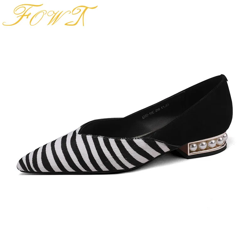 

Fashion Zebra D'orsay Ballet Flats Woman Pointed Toe Low Chunky Heel Pearl Deco Slip On Female Party Evening Prom Shoes Mujer