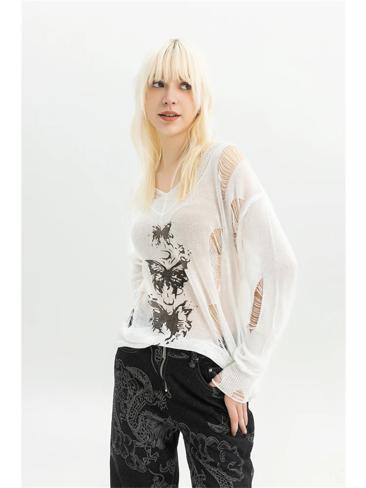 Women's Torn T-shirt Harajuku Korean Y2k Ripped Tee Top