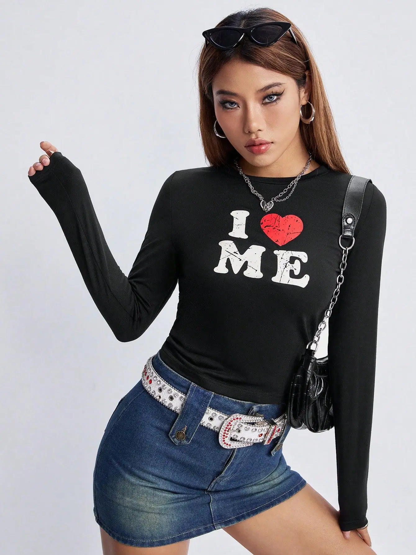 

Bold Shade 90s Grunge Streetwear Printed T-shirts Y2k Vintage Long Sleeve Basic Crop Tops Women Bodycon Ribbed Fashion Black Tee