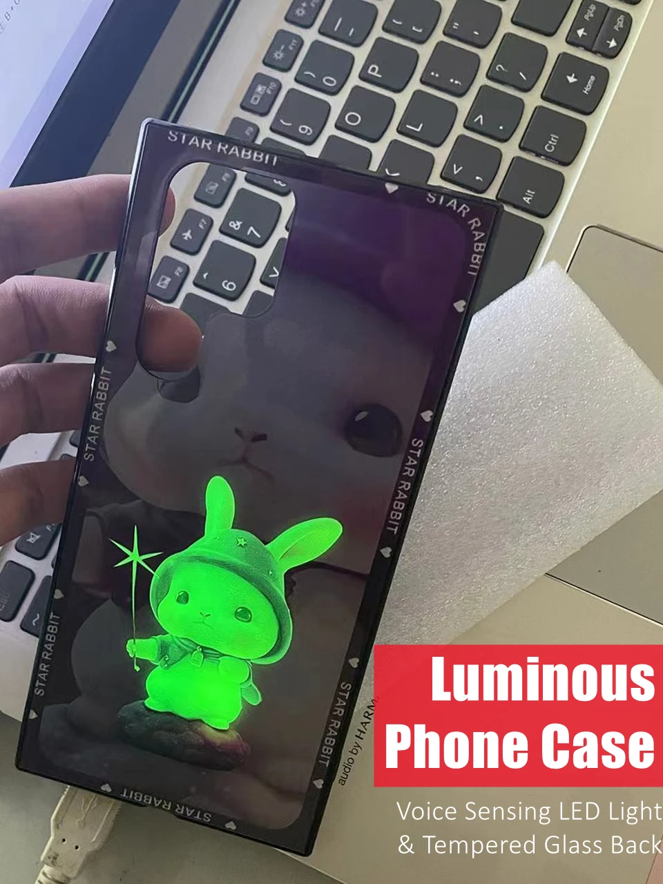 

Cute Bunny Colorful LED Light Glowing Luminous Tempered Glass Phone Case for Huawei P40 P50 P60 Mate 60 40 50 Nova 9 10 Pro Plus