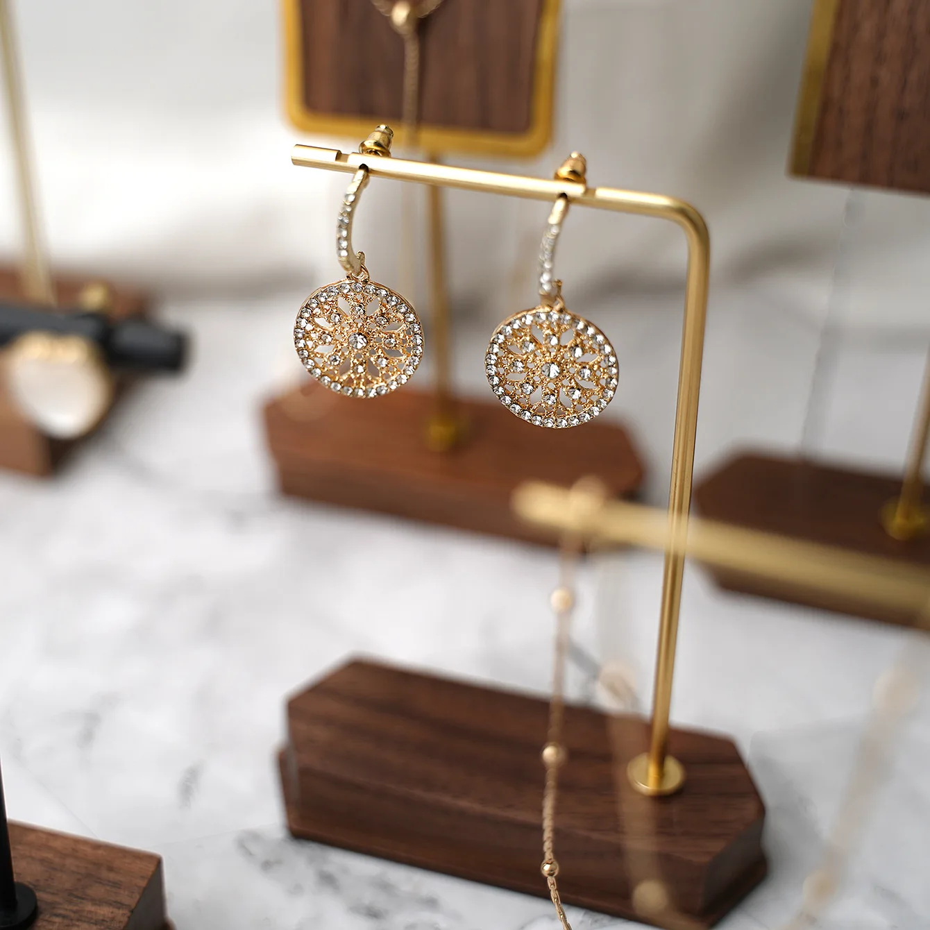 Elegant Copper and Wood Jewelry Display Stand for Necklaces and Earrings