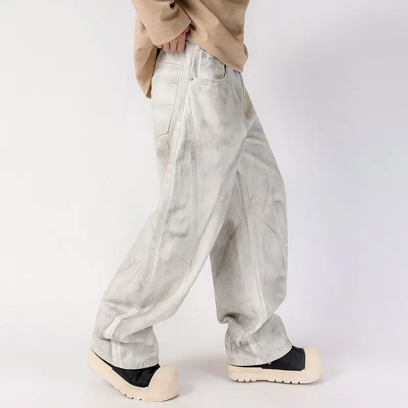 Hand Painted White Baggy Jeans Men Loosen Fit Straight Leg Wide Pants Male's Street Clothing New 2