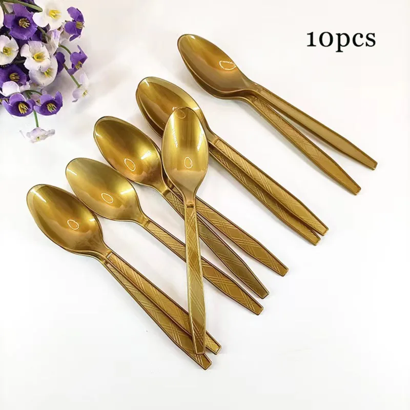 Description Picture 4 of item10pcs/Set green golden Pink Disposable Tableware Plastic Knife Fork Spoon Birthday Decor Kids Adults Wedding Party Supplies