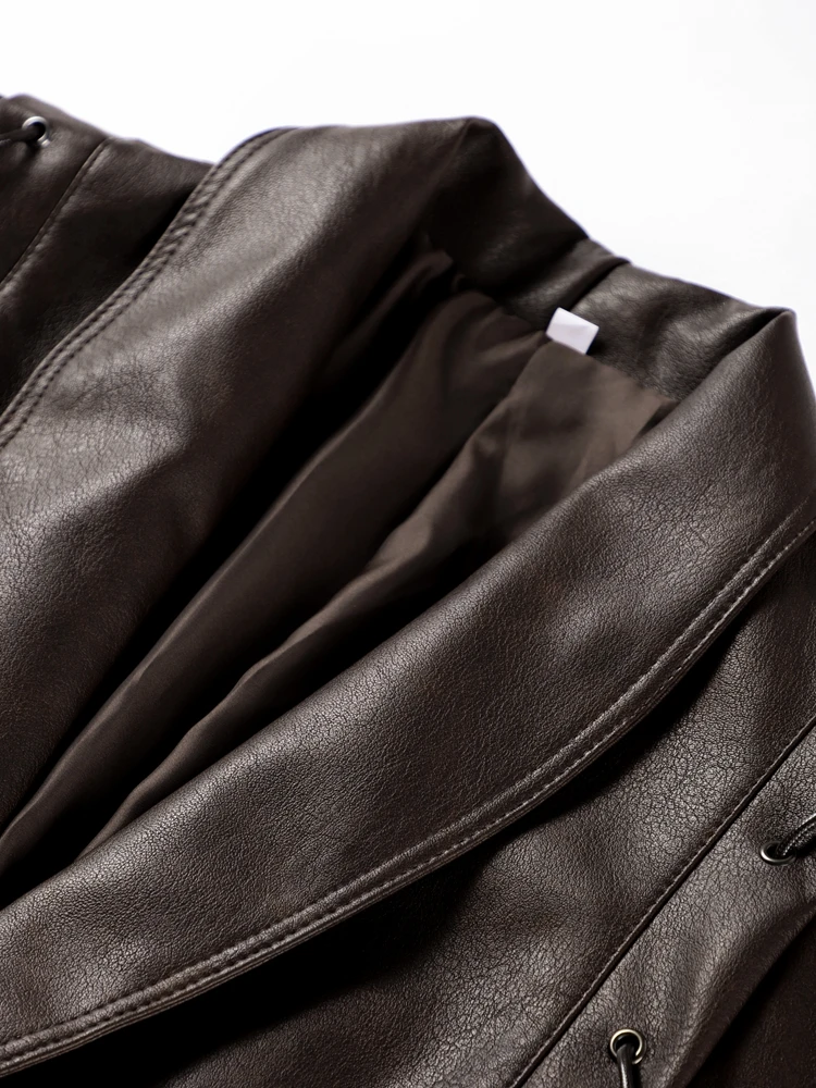 Faux Leather Brown Women Jackets 2024 Belt Lace Up Lapel Female Coat Vintage Casual Autumn One Button Long Sleeve Lady Outwear 6