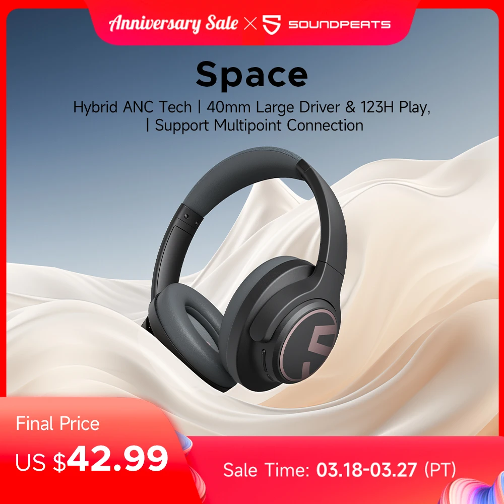  SoundPEATS Space Headphones Bluetooth 5.3 Hybrid Active Noise Cancelling Wireless Headphone,123H Play,Mic,Multipoint Connection 