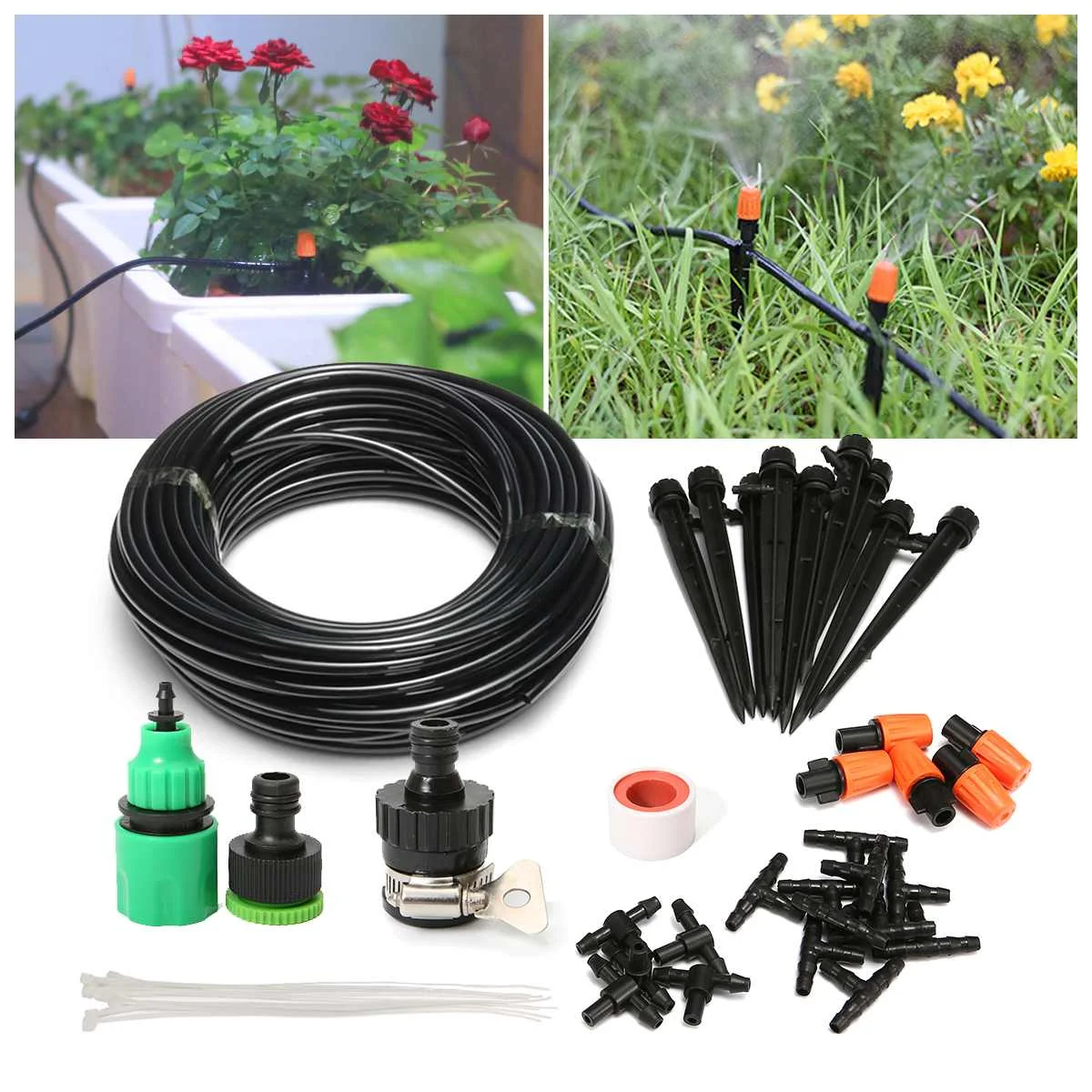

15M Automatic Garden Irrigation Watering System Vegetables Flowers Drip Kit Adjustable Nozzle 1/4'' PVC Hose Coupling Adapter