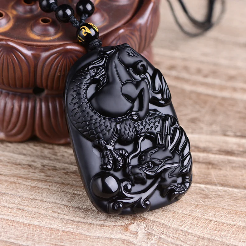 

Natural Black Obsidian Hand Carved Dragon Horse Pendant Fashion Boutique Jewelry Men and Women's Dragon Horse Spirit Necklace