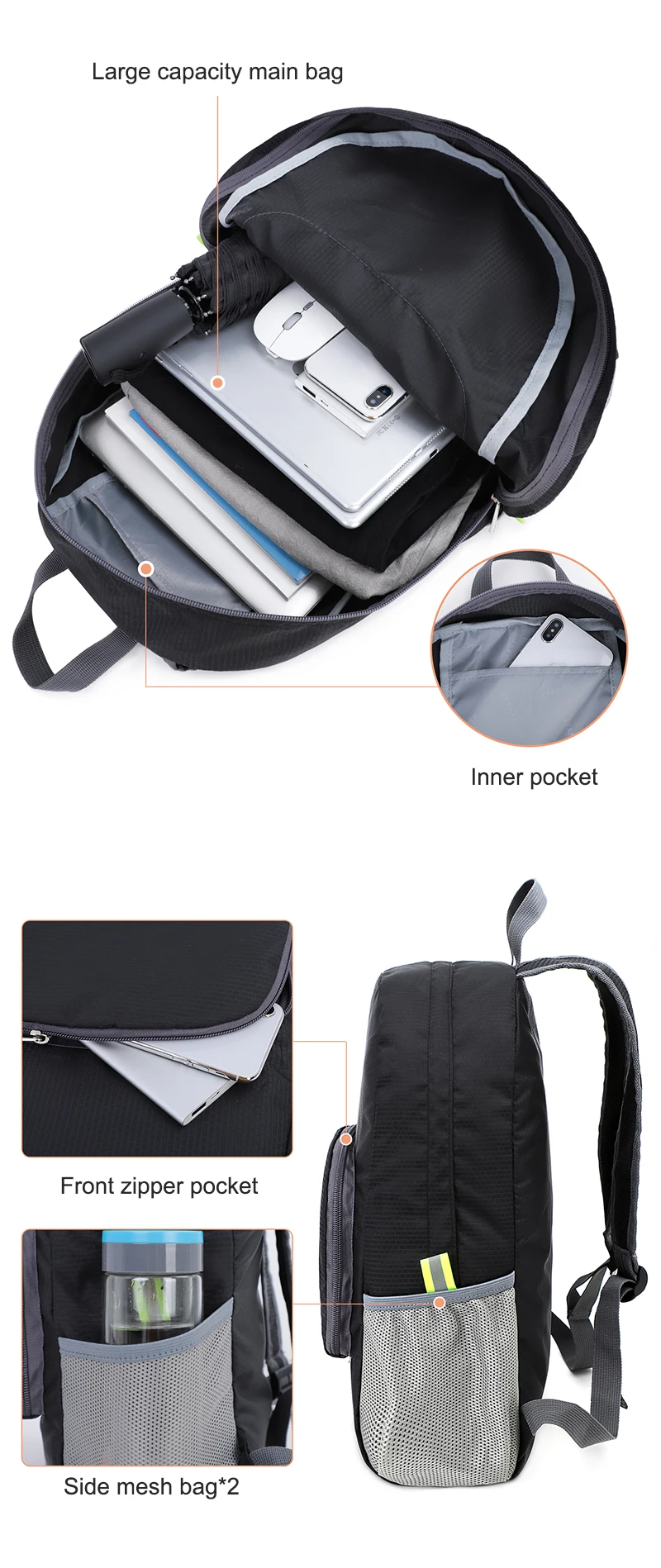 TINYAT 13L Ultraleichter faltbarer Rucksack, wasserdichte Outdoor-Klettertasche für Reisen, Radfahren, Fitnessstudio, täglicher Gebrauch – Detail 5