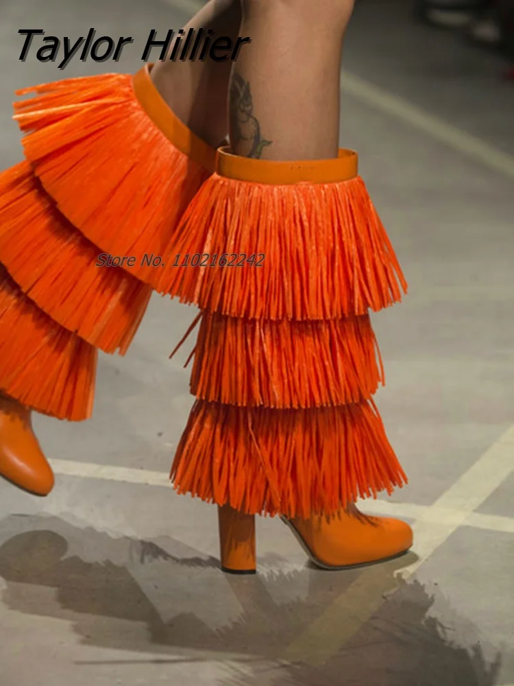 

Luxury Brand Orange Round Toe Fringe High Heel Boots Fashion Chunky Heel Mid-Calf Fashion Boots Party Gladiator T-Stage Show