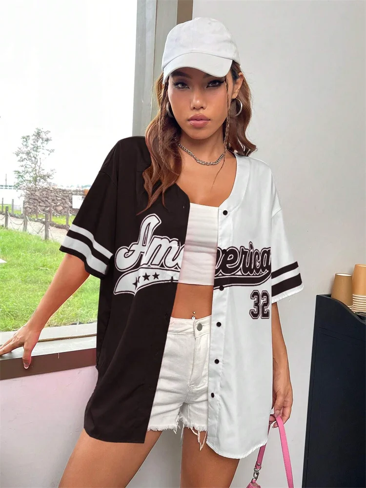 America Number 32 Baseball Tshirt Women Fashion Trend Button