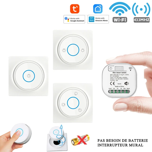 Mini interrupteur connecté WiFi intelligent 16A Interrupteur mural à  bouton-poussoir sans fil Rf 433 MHz