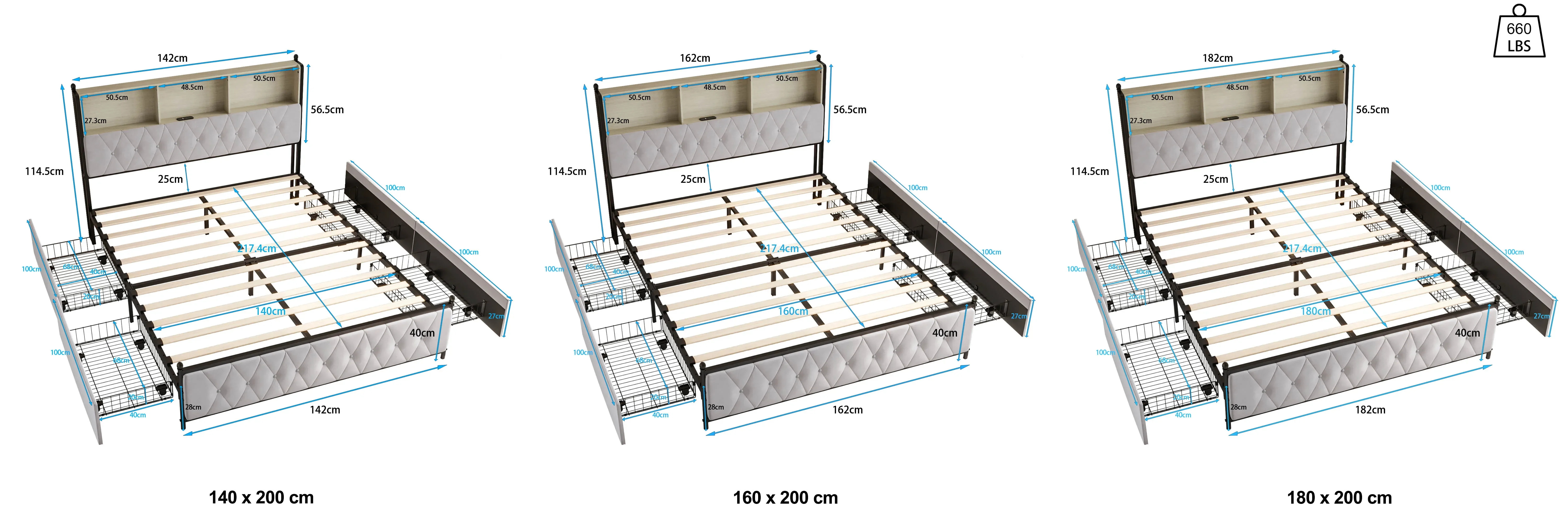 Comanlai Polsterbett mit Fach-LED-Kopfteil, 4 Schubladen und USB-Anschlüssen, Bett mit Lattenrost, ohne Matratze, Beige – Detail 1