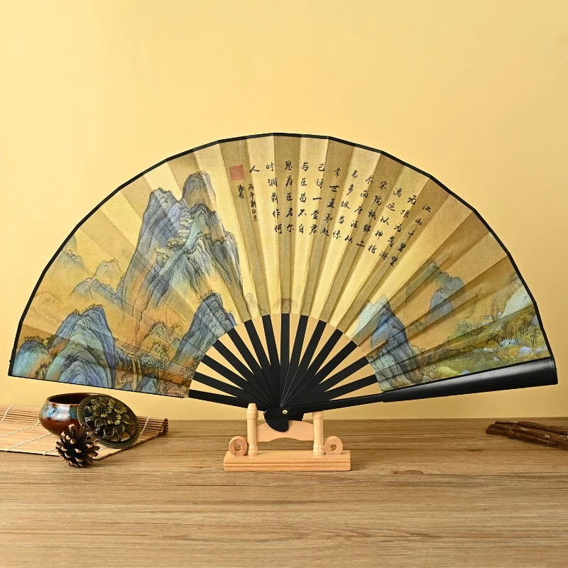

10 Inch Black Rod Ancient Style Bamboo Bone Double-sided Silk Cloth Chinese Folding Fan Blank Inscription Gift National Fashion