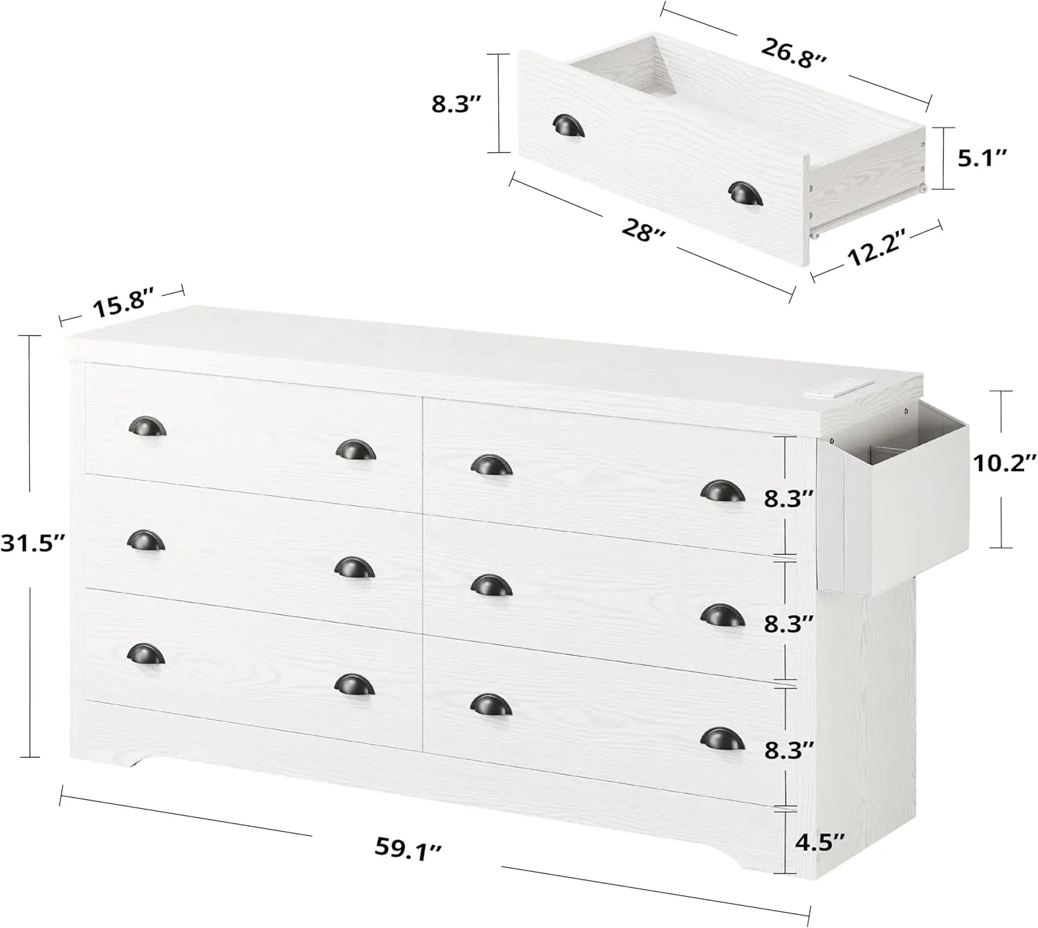 LIKIMIO Dresser for Bedroom 6 Drawer with Charging Station, 59 Inches White, TV Stand Storage Chest of Drawers for Living Room - Image 3