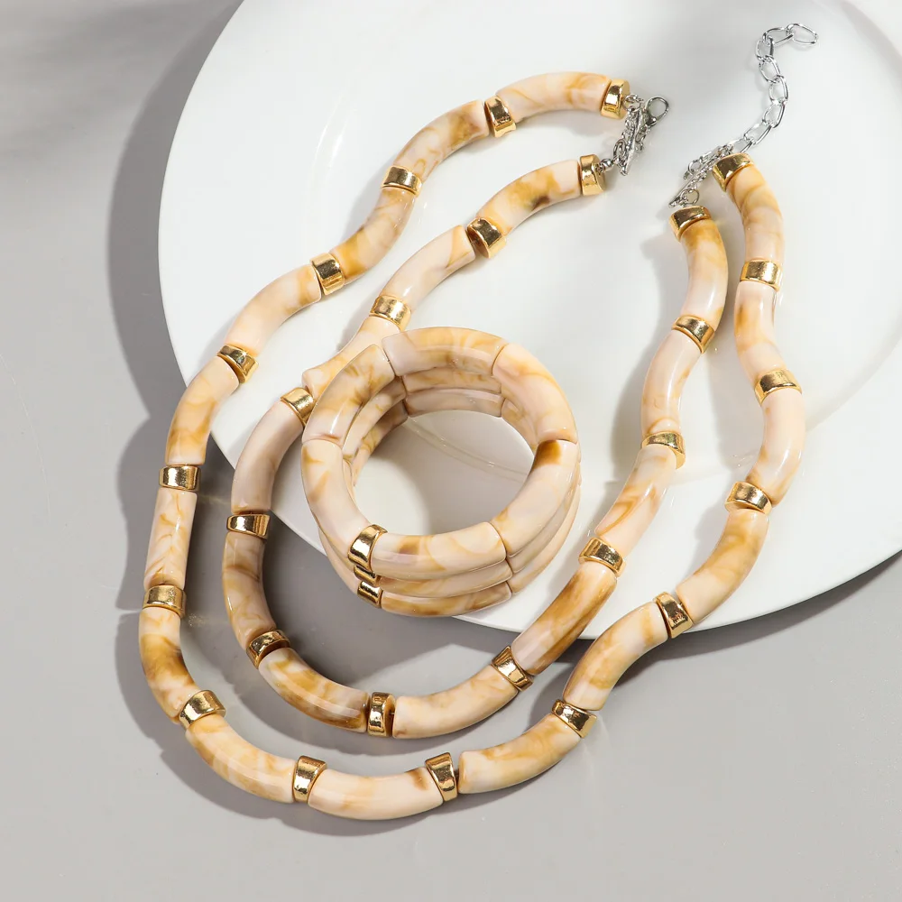 Neue Acryl-Doppelschicht-Bambus-Perlenkette für Damen, Statement-Halskette mit gebogenem Rohr, Stapel-Choker, Armband, Retro-Schmuck, Collier, Geschenk