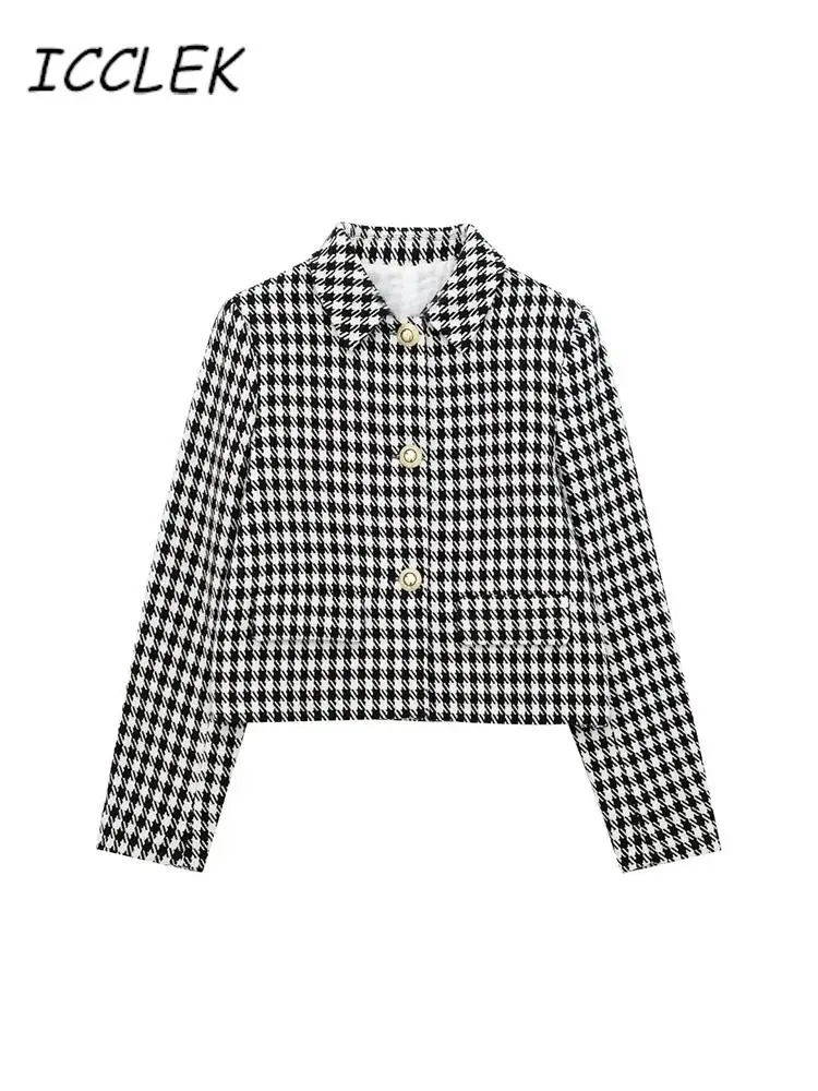 

2023 Zat Houndstooth Cropped Blazer Woman Short Tweed Jacket Women Office Elegant Women's Blazer Long Sleeve Autumn Jacket