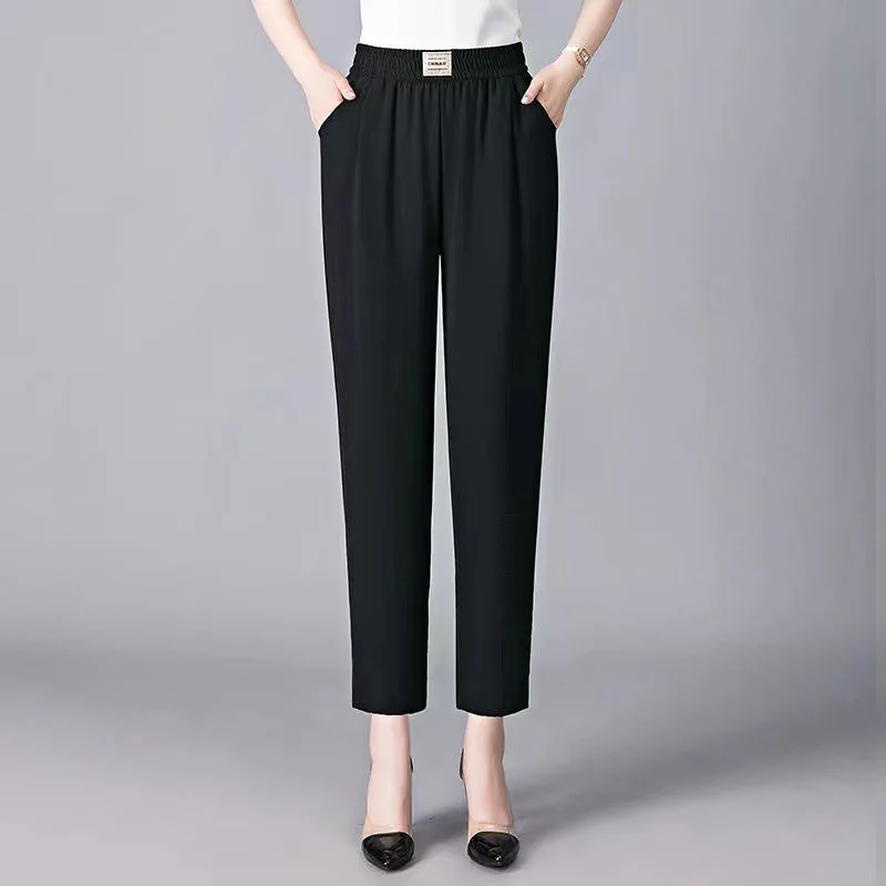 Summer Women's 2024 Spliced Elasticized High-waisted Pocket Fashion Solid Color Loose Minimalist All-match Harlan Casual Pants