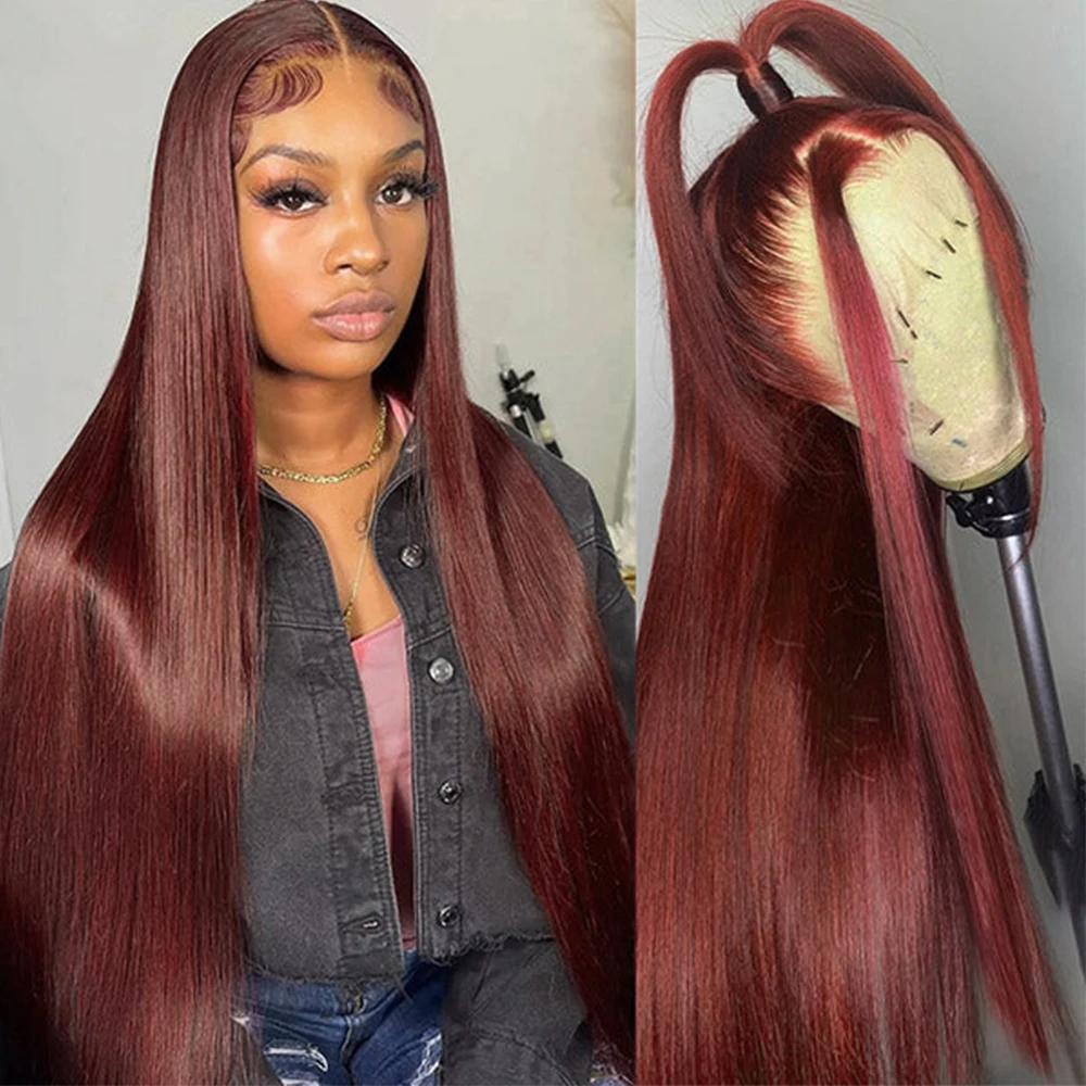 

Reddish Brown Lace Front Human Hair Bone Straight 13x4 HD Lace Front Wig Pre Plucked 4x4 Closure Dark Red Brown 13x6 Frontal Wig