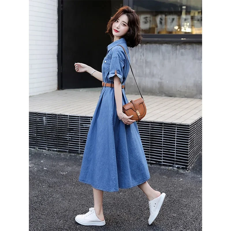 Fashion Belt Long Denim Dress Women 2023 Summer Lapel Single Breasted Jean  Dresses Blue Short Sleeved Thin Slim Casual Vestidos