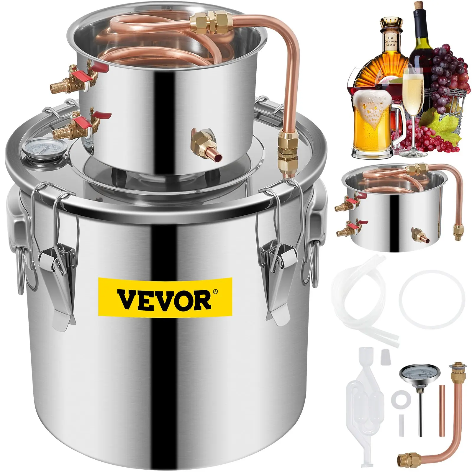 

VEVOR Moonshine Still Distiller 5Gal 21L stainless steel water still copper tube home brewing kit with built-in thermometer