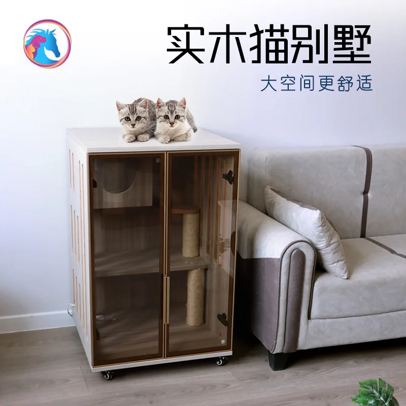 

Solid wood small household cat villa, high-end large space nest, sisal grabbing column, play, cat cabinet, pet supplies