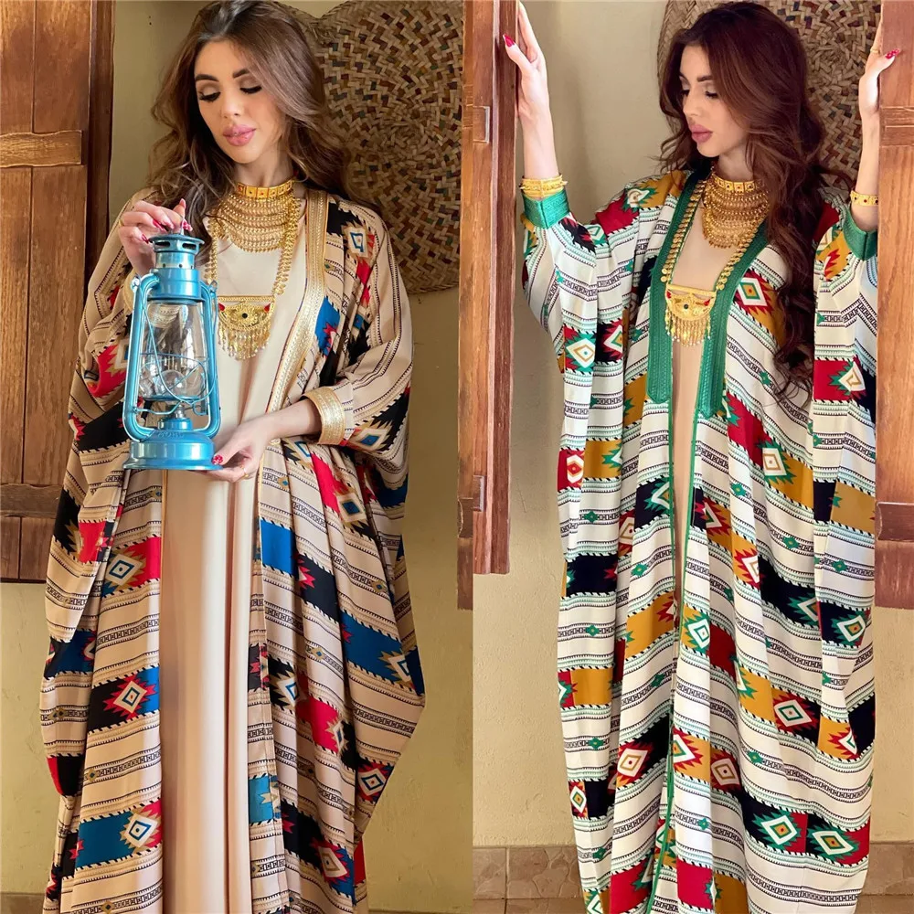 

Two Pieces Muslim Abaya Dress Set Colorful Geometric Stripes Print Moroccan Kaftan Dubai Turkey Arab Oman Qatar Robe Eid Ramadan