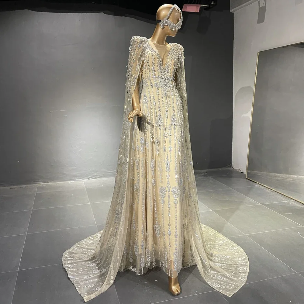 Customized Gold Luxury Cape Sleeve Evening Dresses Gowns