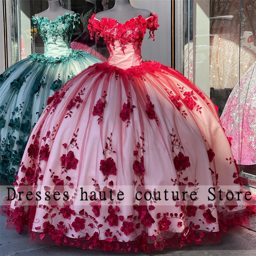 

Romantic Red 3D Flowers Princess Ball Gown Quinceanera Dresses Off Shoulder Sweet 16 Dress Vestidos De 15 Años 2023