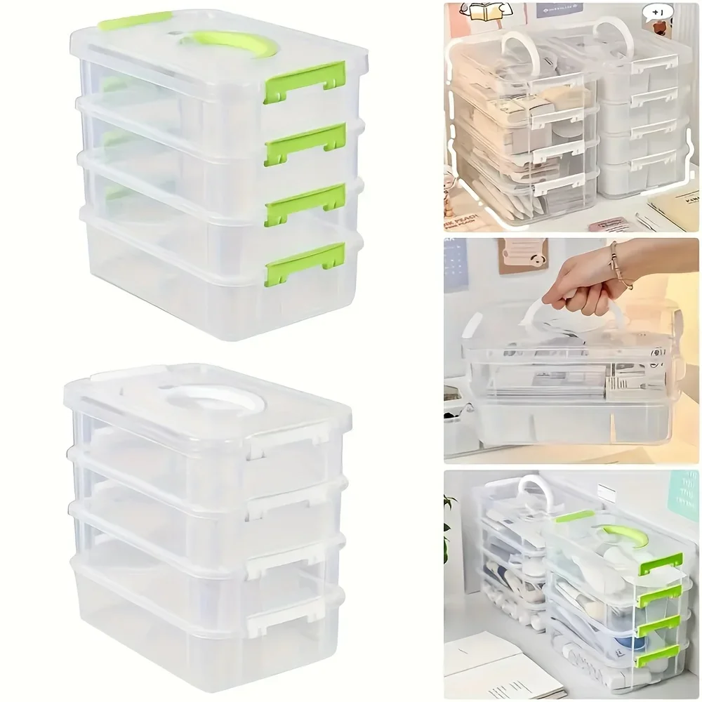 1PC 4-layer Transparent Plastic Storage Box with Handle, Drawer Storage Box, Modular Storage Box, Portable Storage Box Organizer