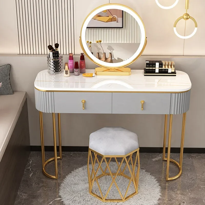 

Dressing Table Bedroom Vanity Makeup Table Mirror Minimalist Luxury Toiletry Stool Multi Function Light Dresser Lamp Furniture