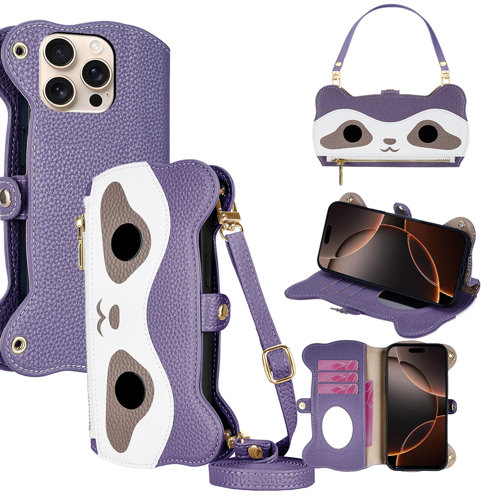 Crossbody Cartoon Wallet Case with Leather Strap and Zippered 3-Card Holder
