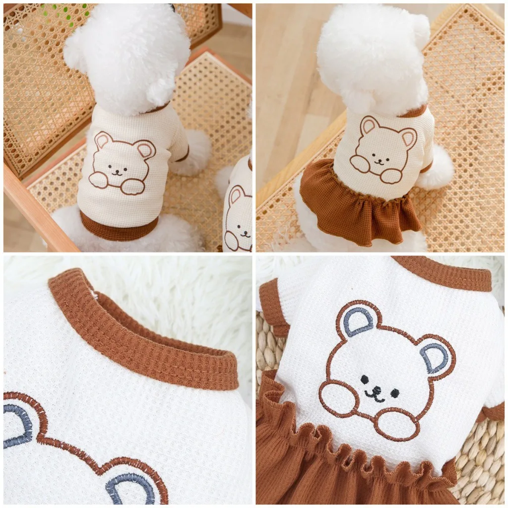 Cute Pet Teddy Bichon Small and Medium-sized Dogs Cats Embroidered Skirt T-shirt Pomeranian Bottom Layer Shirt Clothing Supplies