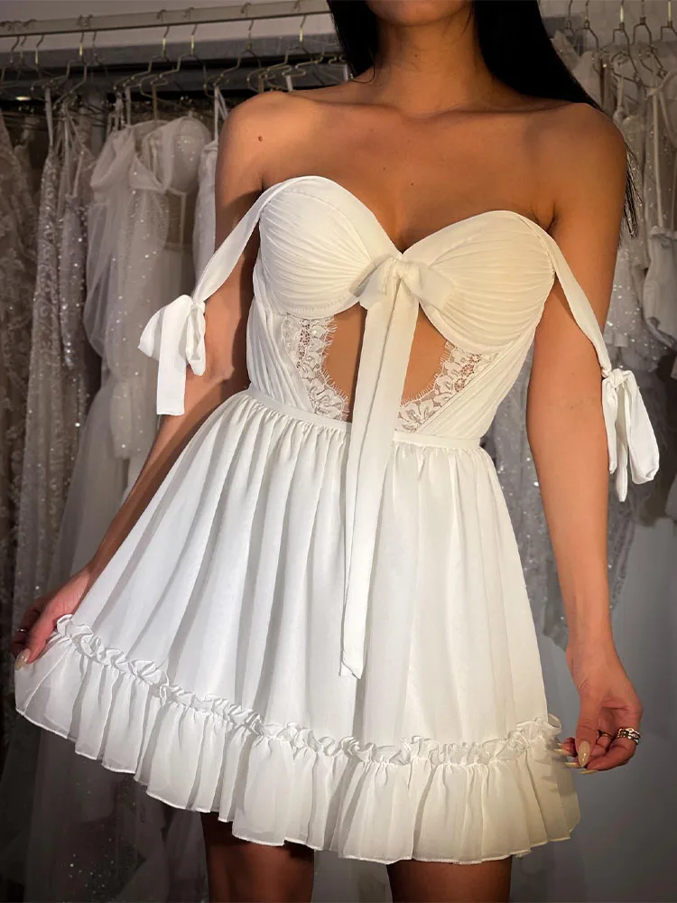 

Civil Wedding Dress White Chiffon Off the Shoulder Short Wedding Gowns for Women 2023 Bride Lace Cut-out Sweetheart Bridal Dress