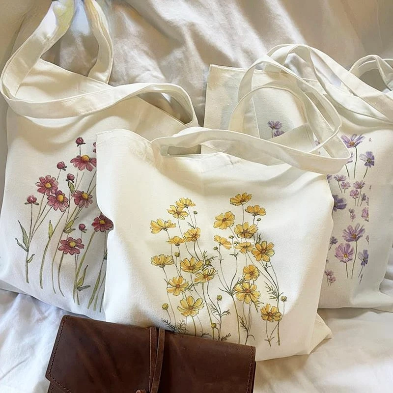 

Shopping Bags Floral Canvas Tote Bag Shoulder Bags Flowers Daisy Lavender Rose Garden Eco Friendly Reusable Cute School Tote Bag