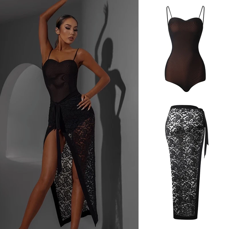 

Women'S Latin Dance Competition Costume Black Mesh Latin Top Wrapped Skirts Female Latin Dance Performance Clothing SL8551