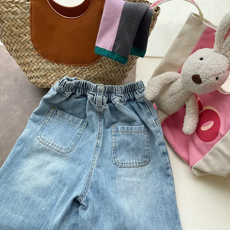 단색 루즈한 어린이 청바지, 데님 와이드 레그 팬츠, 소녀 루즈한 캐주얼 원 단추 데님 팬츠, 2024 가을 패션