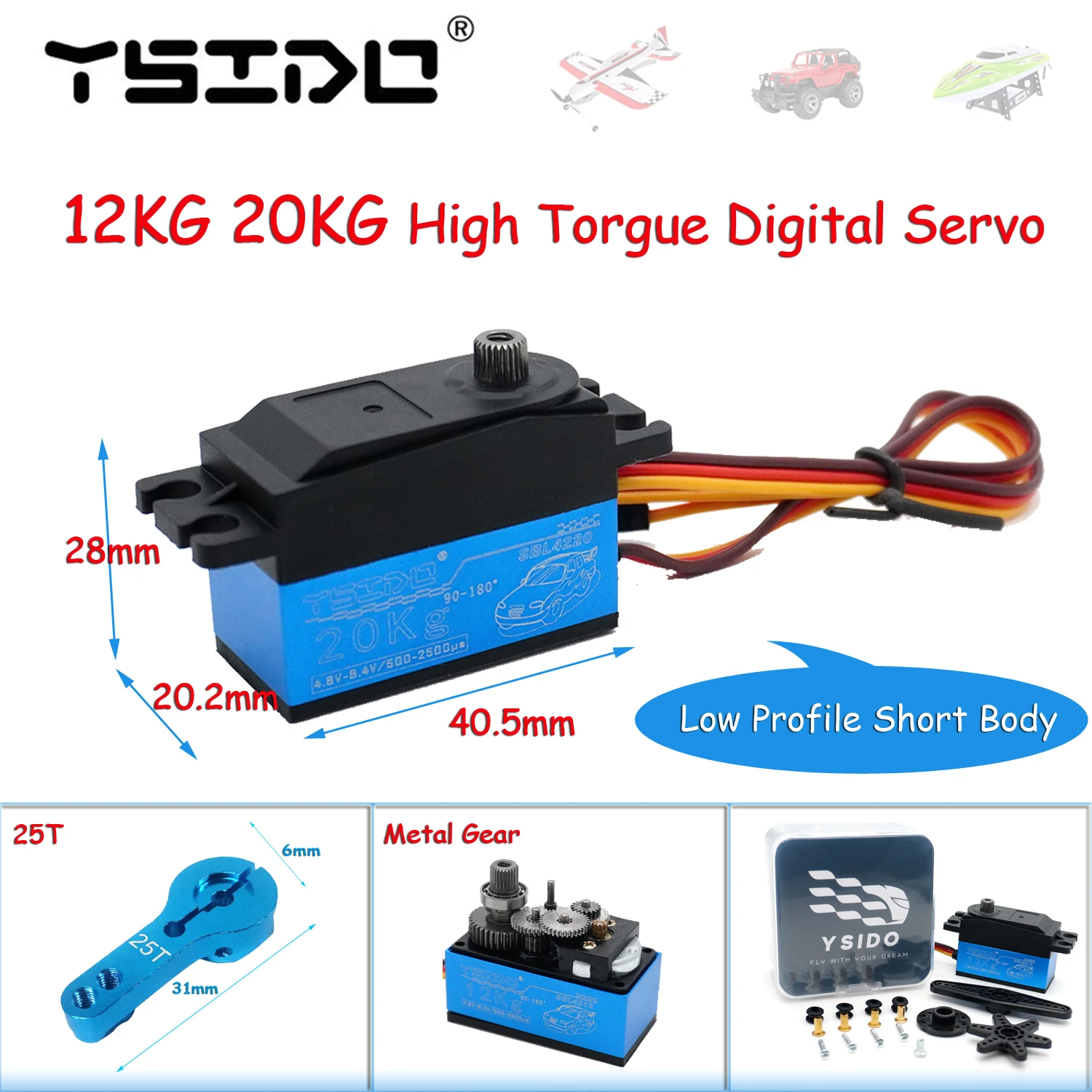 Servomoteur numérique 20KG corps court avec bras 25T pour modélisme RC, angle latéral