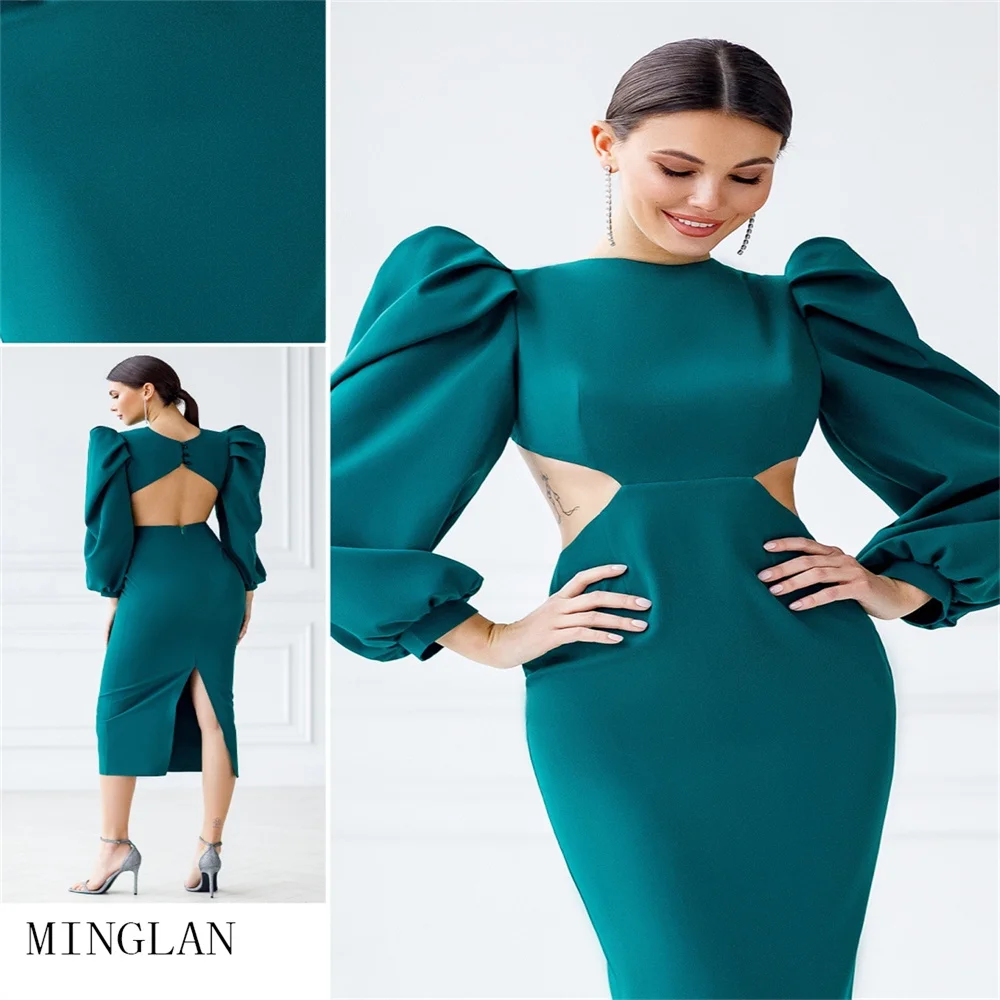 

MINGLAN Elegant High Neck Puff Full Sleeve Simple Mermaid Prom Dress Backless High Side Slit Knee Length Fashion Evening Gowns