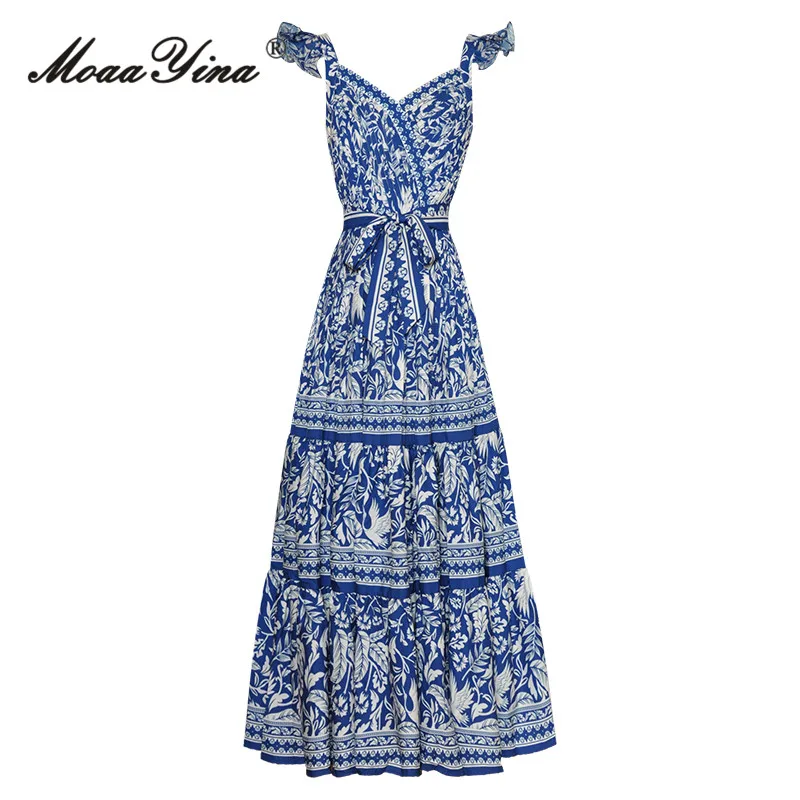 

MoaaYina Summer Fashion Designer Vintage Party Print Dress Women's V-neck Ruched Ruffles Frenulum Gathered Waist Slim Long Dress