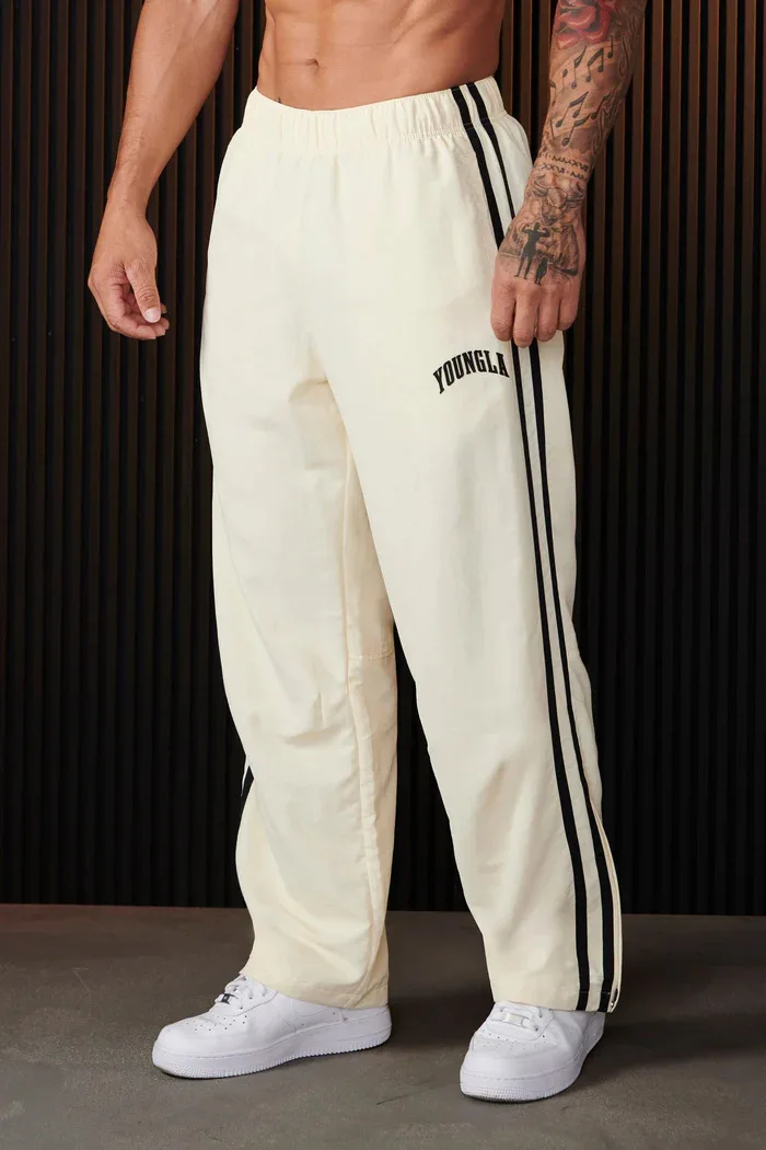 2025YA Men's Sports Pants Double Strip Splicing Printed Casual Pants Gym Fitness Mid Waist Straight Leg Pants 2