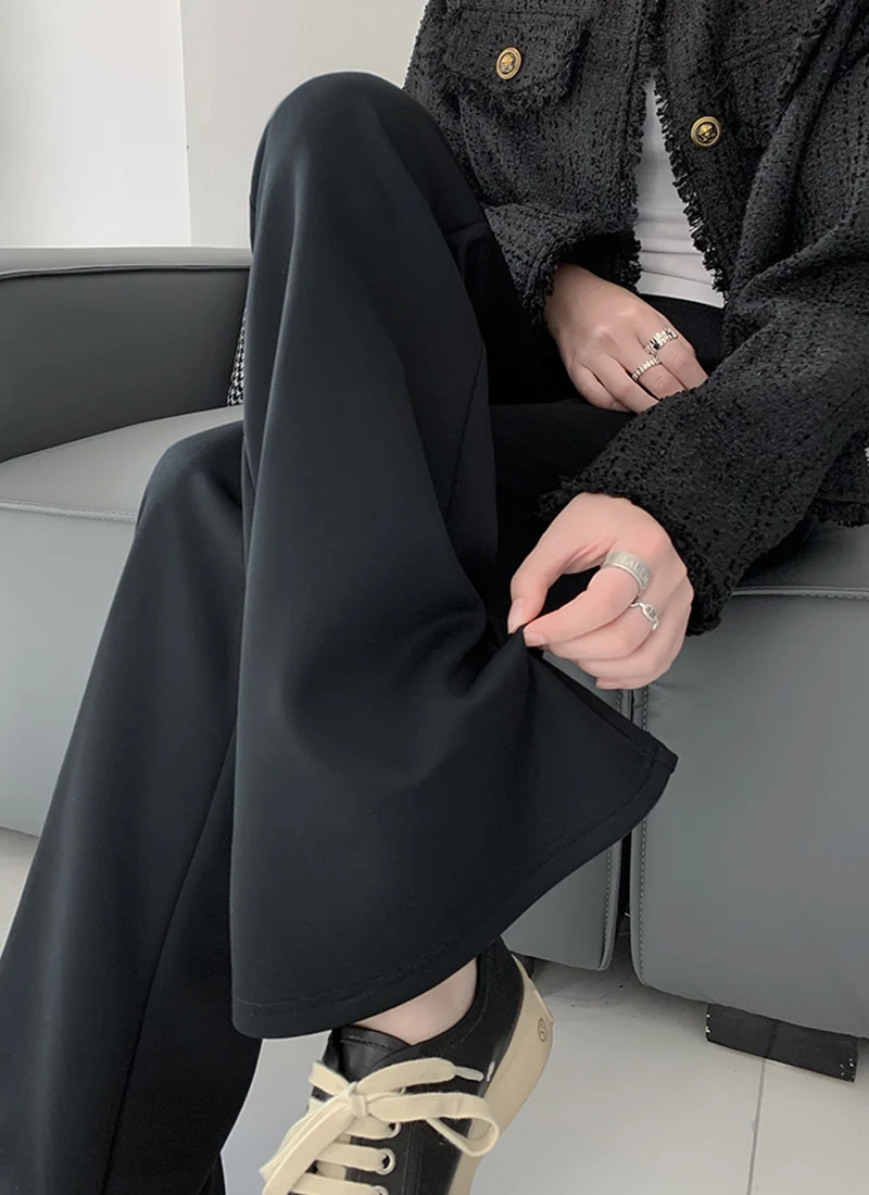 Temperament Black Slimming Flared Pants Women Autumn Chic Design Front Split Tight Trousers Casual High Waist Hip Lift Long Pant